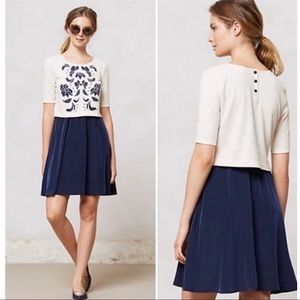 Anthropologie Lilka Navy Cream Embroidery Dress